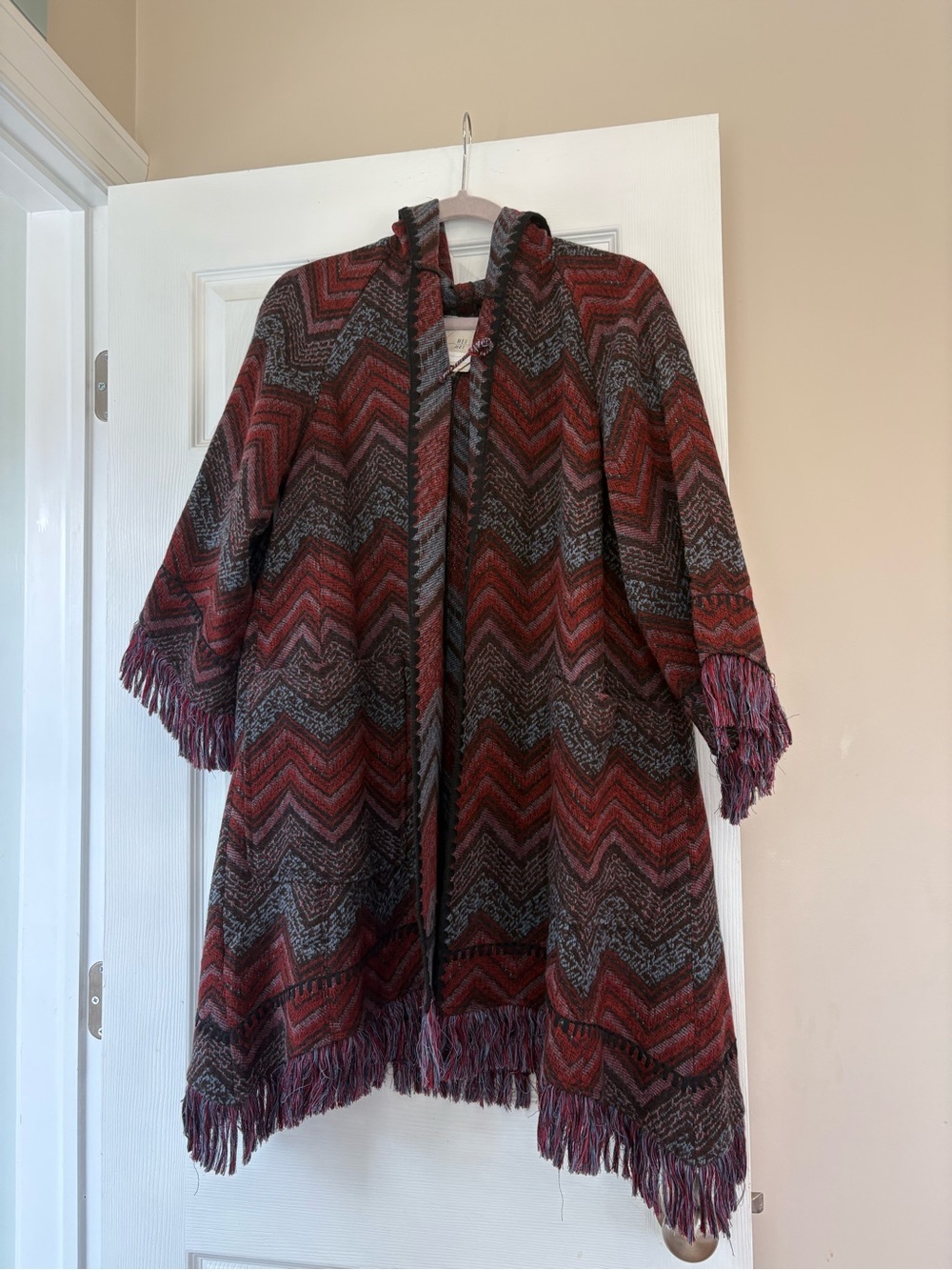 Anthropologie Red Multi Chevron Fringe Hooded Cardigan